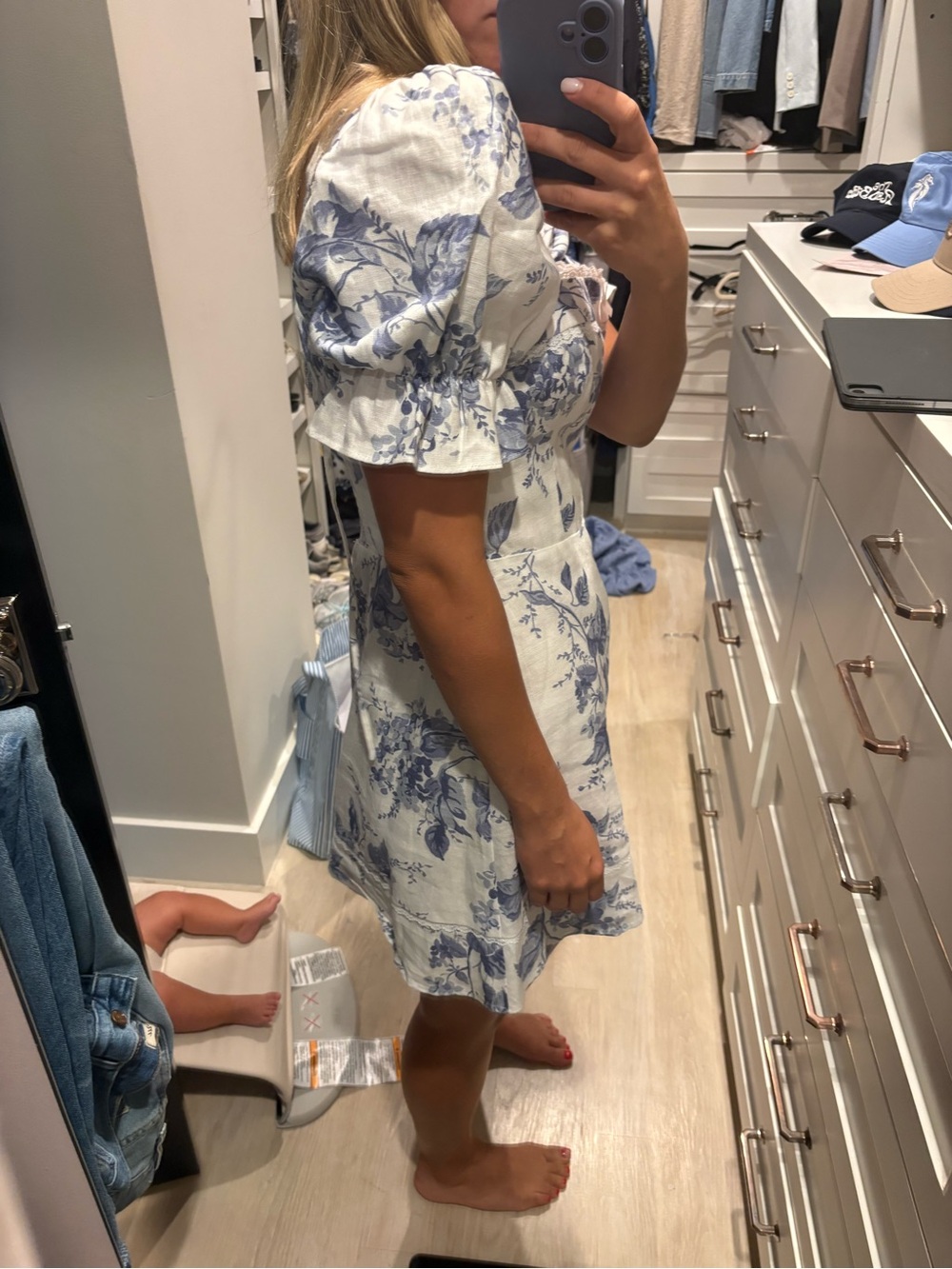 Reformation Blue Floral Square-Neck Puff-Sleeve Mini Dress - Picture 3 of 5